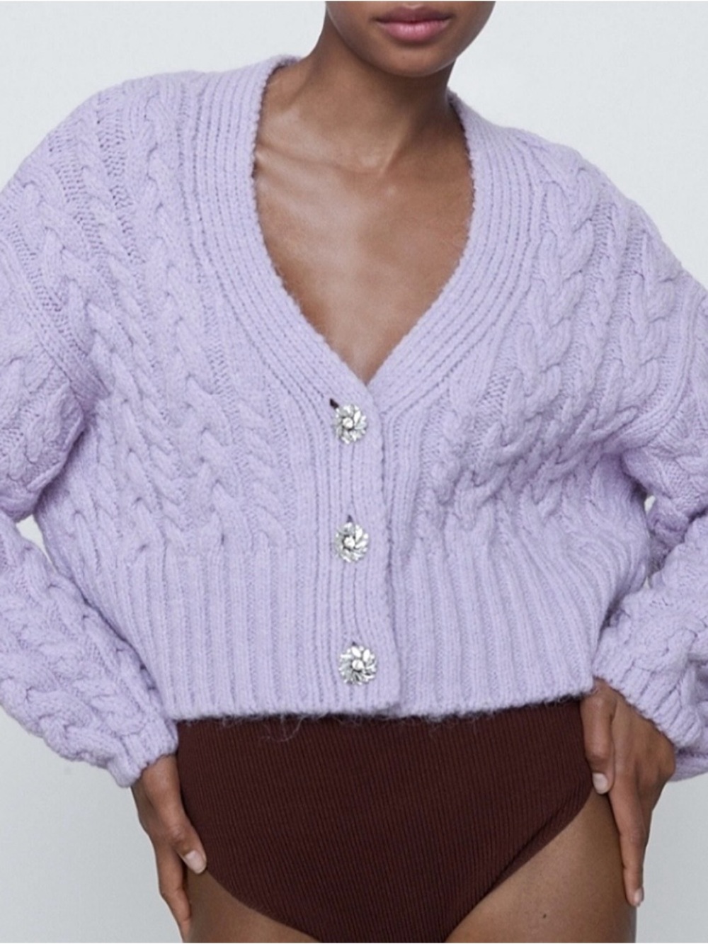 Zara Lavender Cable-Knit V-Neck Cardigan with Crystal Buttons